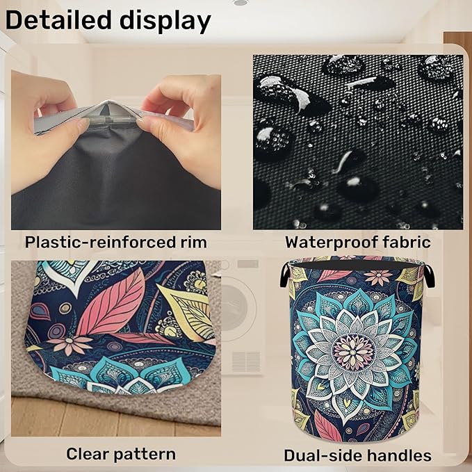 Bohemian Flowers Laundry Basket - Heavy Duty 60L Dirty Clothes Organizer, Water Resistant Foldable Hamper for Men Women