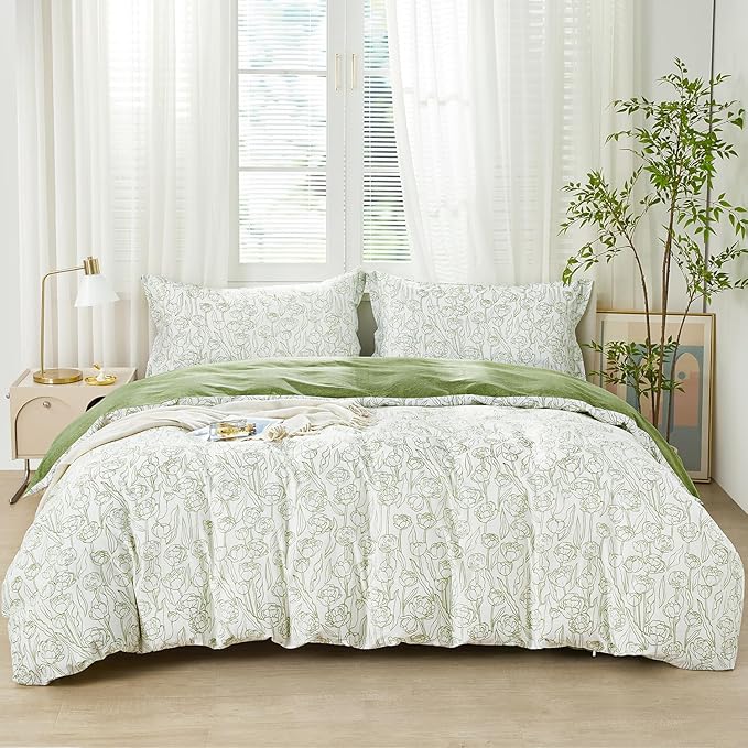 SAPHREAS Green Drawing Floral Duvet Cover Set Full Size 3pcs Botanical Blossom Bedding Comforter Cover Set 100% Cotton 1 Duvet Cover 90"x80" 2 Pillow Shams, Comforter Not Included