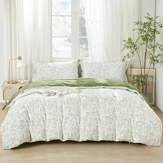 SAPHREAS Green Drawing Floral Duvet Cover Set Full Size 3pcs Botanical Blossom Bedding Comforter Cover Set 100% Cotton 1 Duvet Cover 90"x80" 2 Pillow Shams, Comforter Not Included