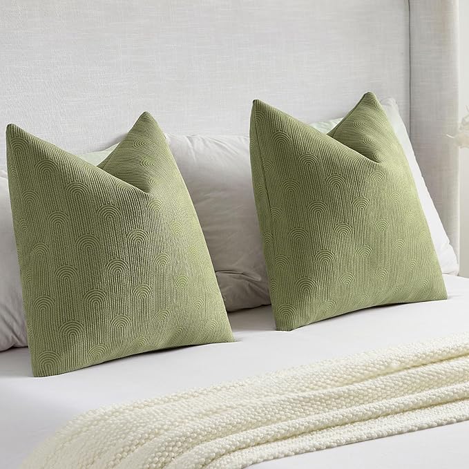FUTEI Moss Green Chenille Decorative Throw Pillow Covers 22x22 Inch Set of 2,Soft Cozy Striped Geometric Patterns Cushion Case,Modern Home Decor for Couch Bed Living Room