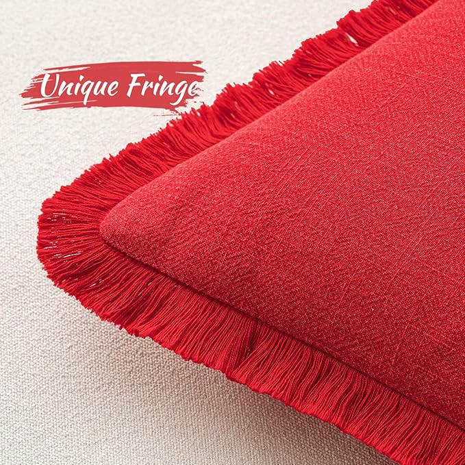 MIULEE Decorative Throw Pillow Covers Neutral Linen Fringe Throw Pillows Set of 2 Red Boho Farmhouse Cushion Covers with Tassels for Couch Sofa Bed Living Room Spring Home Decor 20x20 Inch