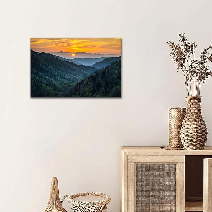 Forest Sunrise Wall Art Decor Great Smoky Mountains Photo Prints National Park Landscape Canvas Painting Artwork Framed for Bedroom Living Room (16x24 inch)