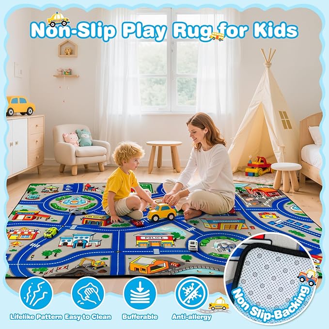 Road Car Rug, 4x6 Ft City Road Rug for Kids, Extra Thick (0.4in) Kids Floor Play Mat and Car Carpet with Realistic Colors - Perfect for Children, Soft and Non-Slip for Playroom and Bedroom