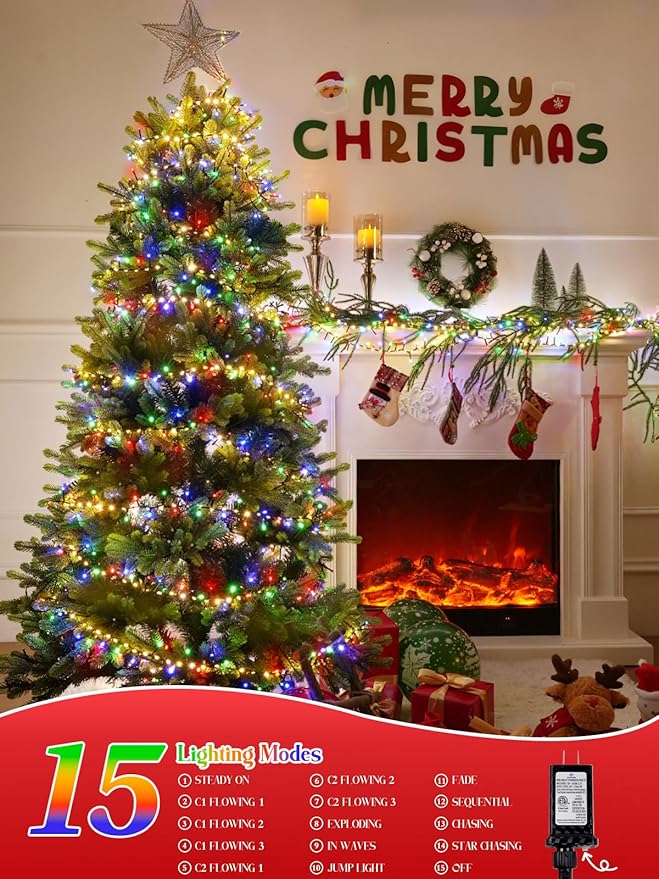 2025 New Christmas Cluster Lights 800LED with Flowing Twinkling, Firecracker Fairy Lights with 15 Modes & Timer, Waterproof Christmas String Lights for Indoor Outdoor Xmas Tree Party Garden Multicolor