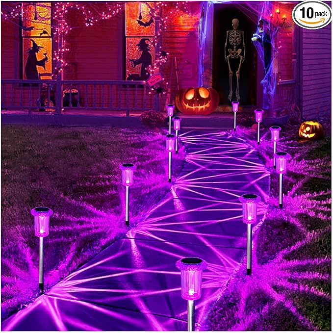 Halloween Solar Lights Outdoor 15 Pack Solar Pathway Lights Outdoor Halloween Decorations Waterproof Yard Lighting for Driveway Garden Walkway Path Landscape Lawn (Purple)