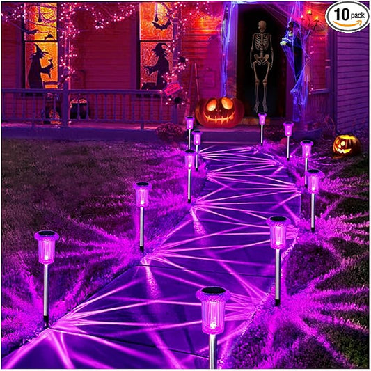 Halloween Solar Lights Outdoor 15 Pack Solar Pathway Lights Outdoor Halloween Decorations Waterproof Yard Lighting for Driveway Garden Walkway Path Landscape Lawn (Purple)
