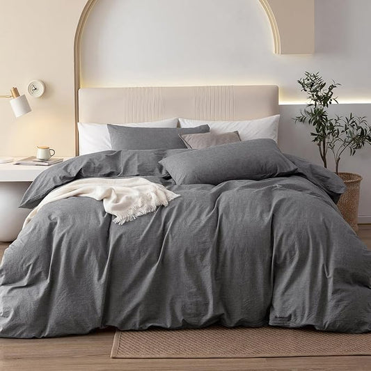 JIYUAN 100% Washed Cotton Duvet Cover Set 3 PCS Super King Plus, 1 Duvet Cover 120"x120" (Comforter Not Included) and 2 Pillowcases,Linen Feel Bedding Set Comfy and Breathable, Heathered Dark Grey
