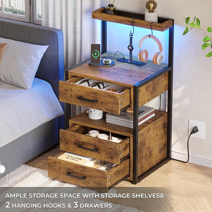 VIAGDO Led Nightstand with Charging Station, 3 Drawers Night Stands with Led Lights, Rustic Brown Bedside Tables with Storage Shelves, Modern End Side Tables for Bedroom, Office