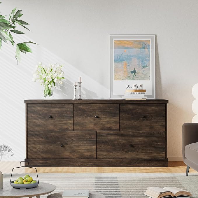 JUMMICO Dresser for Bedroom, Wide Chest of Drawers with 5 Wood Dresser Drawers, Modern Design for Bedroom, Living Room, Hallway, and Entryway (Brown)