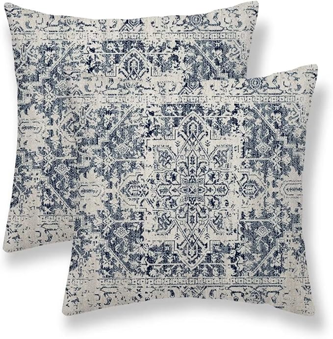 Boho Pillow Covers 20x20 Set of 2, White Navy Blue Carpet Pattern Outdoor Decorative Throw Pillows Ethnic Rustic Farmhouse Cushion Cases Linen Gifts for Couch Sofa Decor