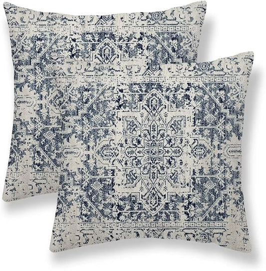 Boho Pillow Covers 20x20 Set of 2, White Navy Blue Carpet Pattern Outdoor Decorative Throw Pillows Ethnic Rustic Farmhouse Cushion Cases Linen Gifts for Couch Sofa Decor