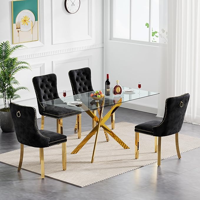 51.18" Glass Dining Table for 4-6, Dining Room Table with Clear Tempered Glass and Gold Metal Legs, Modern Rectangular Kitchen and Dining Room Dinner Table for Kitchen