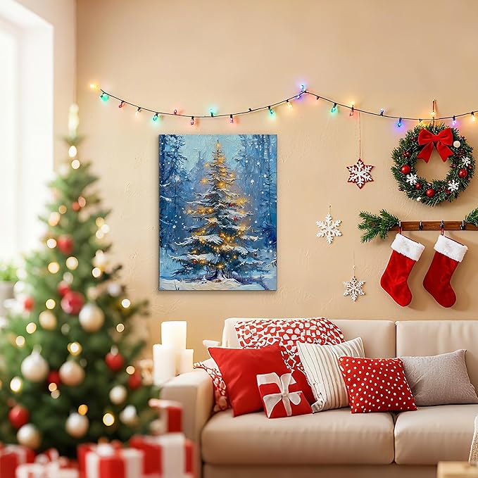Framed Christmas Pictures Wall Decor,Vintage Pine Tree Prints,Winter Christmas Canvas Wall Art Decoration for Bedroom Bathroom Living Room Rustic Xmas Holiday Gifts (Christmas Tree 1, 16'' X 20'')