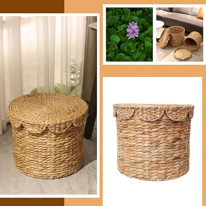 Vintage Woven Storage Basket with Scalloped Lid - Handwoven Water Hyacinth Laundry Hamper for Clothes, Blankets, Toys Organizing - Natural Wicker Basket with Lid (Large Round)