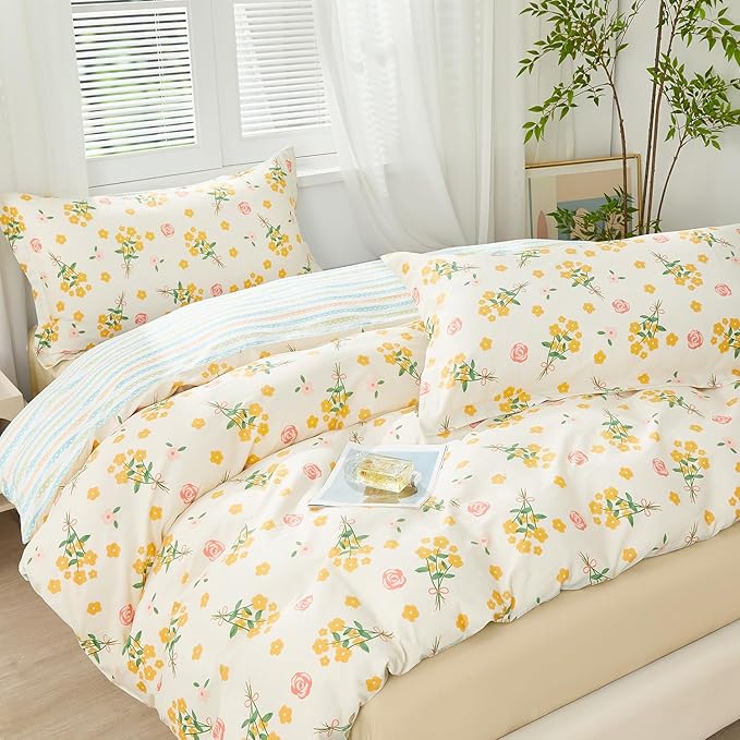 SAPHREAS Yellow Floral Duvet Cover Set Garden Style Botanical Bedding Comforter Cover Set 100% Cotton 1 Duvet Cover 68"x90" 1 Pillow Sham, Comforter Not Included