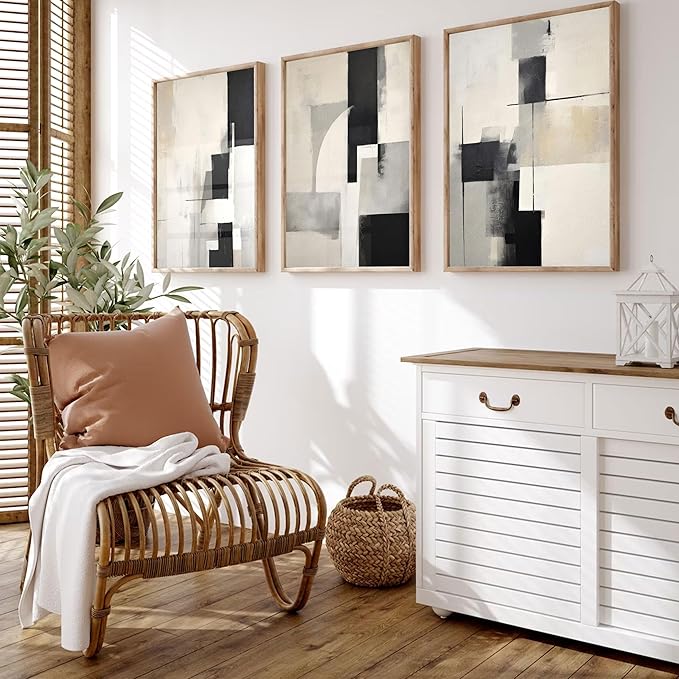 3Pcs Neutral Abstract Canvas Wall Art Pictures Modern Minimalist Posters Prints Beige Black Simple Wall Decoration for Living Room Bedroom Bathroom Office 12x16in Unframed