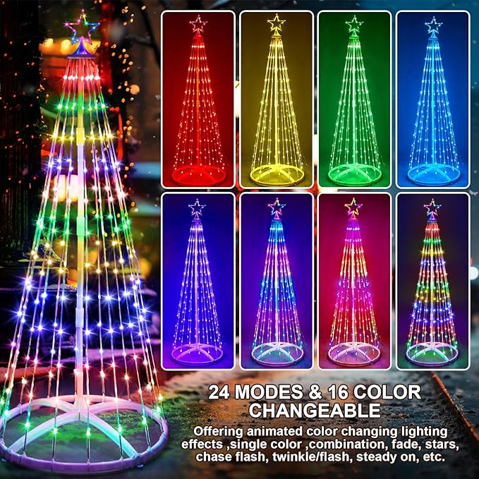 2 Pack 7FT Christmas LED Cone Tree Lights 24 Modes Color Changing with Timer Foldable Lighted Trees Waterproof Outdoor String Lights Holiday Decor for Christmas New Year Xmas Decorations