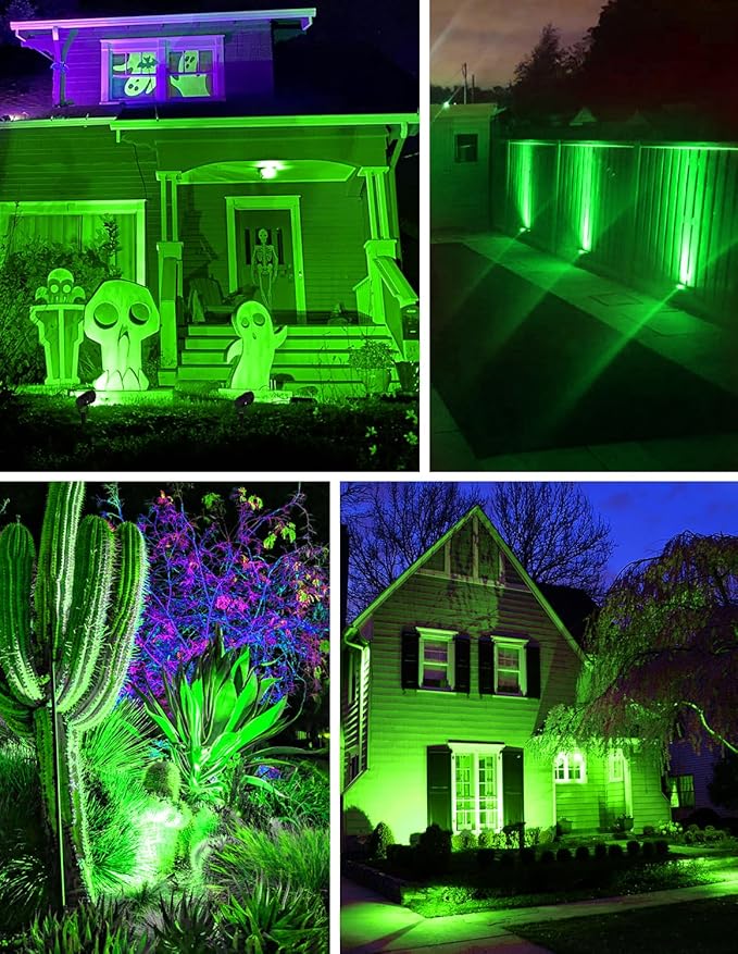Halloween Green Landscape Lights Outdoor, 14 LED Landscape Lighting with US Plug, IP65 Waterproof Spotlights for Tree Yard Garden Pathway Christmas St. Patrick's Day Decor 2 Pack