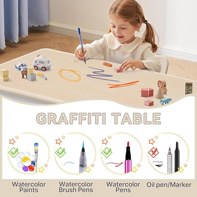 Kids Study Table and Chairs Set, Height Adjustable Toddler Table and Chair Set for Kids Ages 3-8, 31.5" L x 23.6" W Graffiti Desktop Plastic Children Art Table with 4 Seats, Burlywood