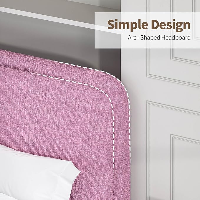 BarnFurin Queen Bed Frame with Headboard, Boucle Upholstered Platform Bed with Wood Slats, Soft Rounded Corners, No Box Spring Required, Easy Assembly, Rose Pink