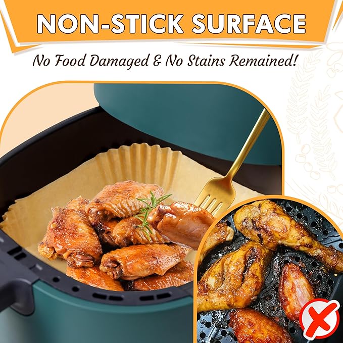 Air Fryer Liners Disposable,125Pcs 8Inch Airfryer Liners with Air Fryer Cheat Sheet Cooking Guide Booklet, Non-Stick Parchment Paper Square, Air Fryer Cookbooks Recipes