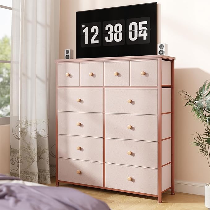 Dresser for Bedroom with 12 Drawers Tall Dressers for Bedroom Fabric Dressers & Chest of Drawers with Sturdy Metal Frame, Wood Top, for Woman, Closet, 40.6" W x 11.8" D x 44.5" H (Pink)