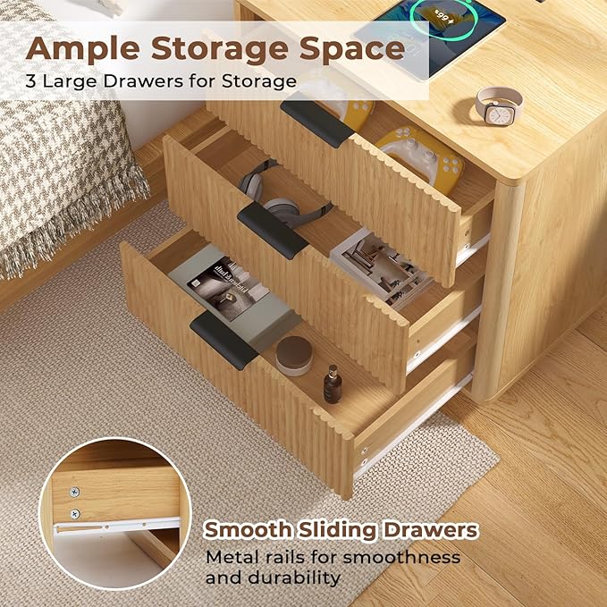 HOMMPA 24'' Fluted Nightstand with Charging Station Set of 2, Modern Bedside Table with Storage, 3 Drawer End Table, Wooden Bedside End Table for Bedroom, Living Room, Curved Profile Design