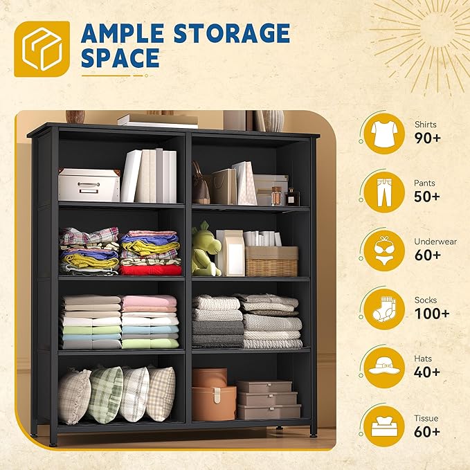 DWVO Fabric Dresser for Room, Tall Storage 8 Drawers, Black Dresser & Chest of Drawers, Storage Drawer Organizer for Closet, Living Room