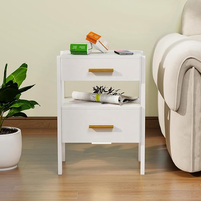 Nightstand with 2 Drawers and Open Shelf Wood Bedside Table Gold Handles Storage Night Stand with Light for Bedroom, White