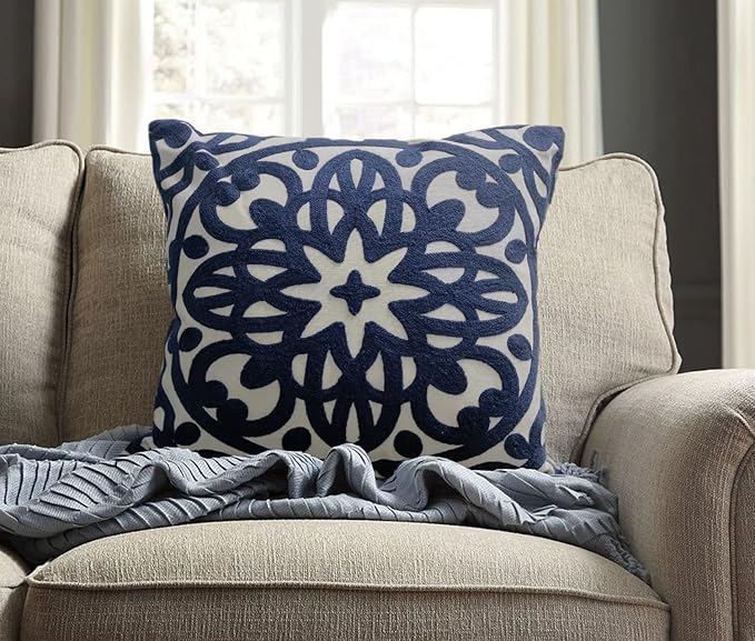 Alysheer Embroidered Decorative Throw Pillow Cover 18x18 inch, Cozy Warm Boho Mandala Chic Knit Pattern Durable 100% Cotton Canvas Cushion Case for Sofa Couch Living Room Bedroom Gifts (Navy Blue)