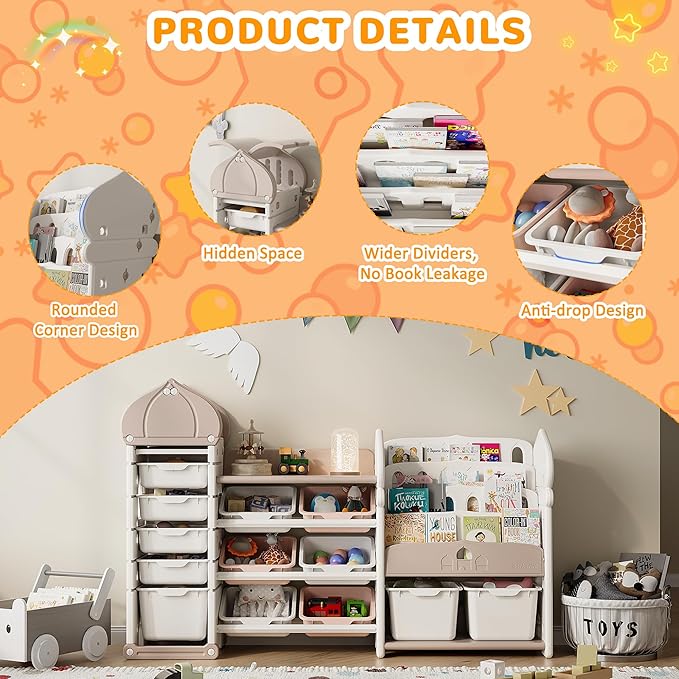 Kids Toy Storage Organizer with 13 Removable Bins, 4-Tier Bookshelf for Kids, Multi-Purpose Castle-Shaped Toy Organizer for Playroom, Bedroom, Nursery, Living Room (Cream)