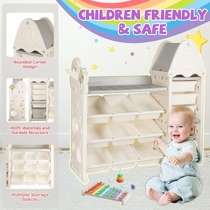 Kids Toy Storage Organizer with 14 Removable Toy Bins, 4-Tier Toy Organizers, Kids Bookshelf and Toy Storage for Playroom, Bedroom, Kids Room, Classroom