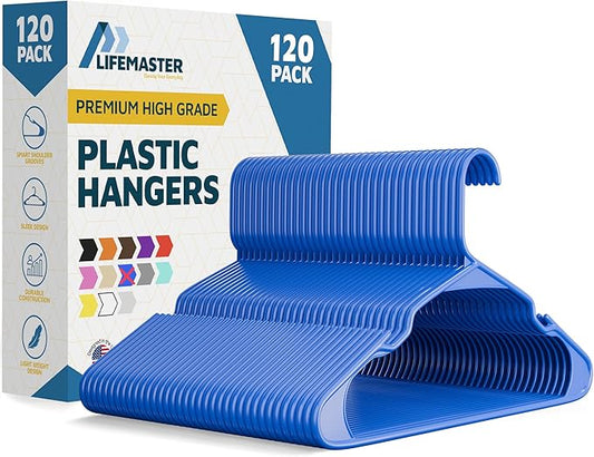 Plastic Clothes Hangers – Heavy Duty Hanger Set, for Organizing Clothes, Dresses, and Coat, Holds Up to 5 lbs, Space-Saving Hangers with Non-Slip Shoulder Grooves, Pack of 120, Blue