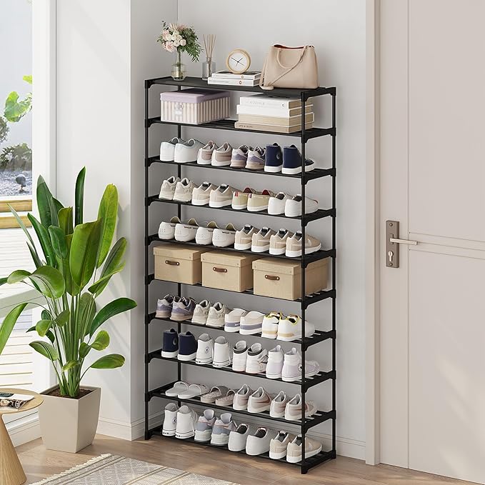 Calmootey 10-Tier Shoe Rack, Tall Large Capacity 50 Pairs Shoes Storage Organizer, Stackable Wide Shoe Shelf for Entryway, Hallway, Black