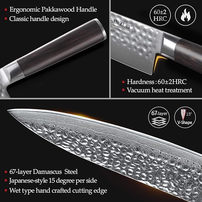 XINZUO 8 Inch Hammered Damascus Chef Knife,67 Layers Damascus Steel Kitchen Knife,Professional Japenese Chef Knife with Gift Box, Dark Brown Pakkawood Handle, Razor Sharp-He Series