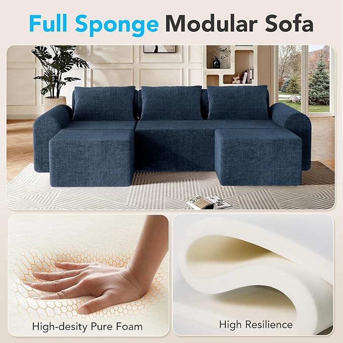 86.6” Cloud Boneless Sectional Sofa for Living Room, 3-Seater Modular Couch for Small Apartments with 2 Ottomans, Deep Seat Chenille Fabric Sofa, No Assembly Required, 72H Full Restore, Blue