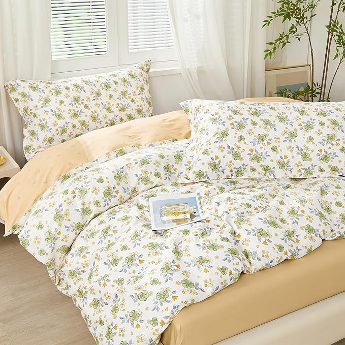 SAPHREAS Green Floral Duvet Cover Set Full Size 3pcs Botanical Blossom Bedding Comforter Cover Set 100% Cotton 1 Duvet Cover 90"x80" 2 Pillow Shams, Comforter Not Included