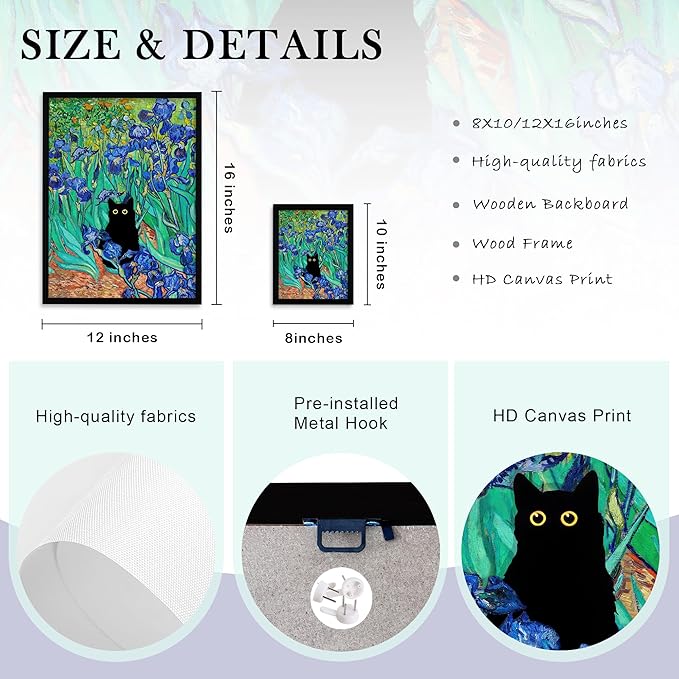 Krtoni Framed Van Gogh Irises Canvas Wall Art, Famous Oil Paintings Garden Flower Black Cat Wall Decor, Impressionism Funny Vintage Print Artwork For Farmhouse Gallery Bathroom 10''L x 8''W