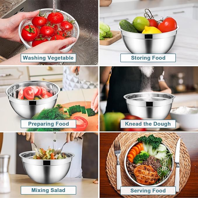 E-far Mixing Bowls Set of 7, Stainless Steel Mixing Bowls with Airtight Clear Lids, Metal Nesting Bowls for Kitchen Prep, Baking, Serving, Dishwasher Safe, Size 4.6, 3.5, 3, 2, 1.5, 1, 0.7QT, Blue