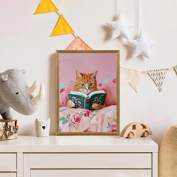 Framed Vintage Cat Canvas Wall Art, Funny Pink Animal Reading Books Painting Picture Print, Cute Kitten Lovers Aesthetic Wall Decor for Nursery Girls Room Bedroom Kids Room 16''L x 12''W