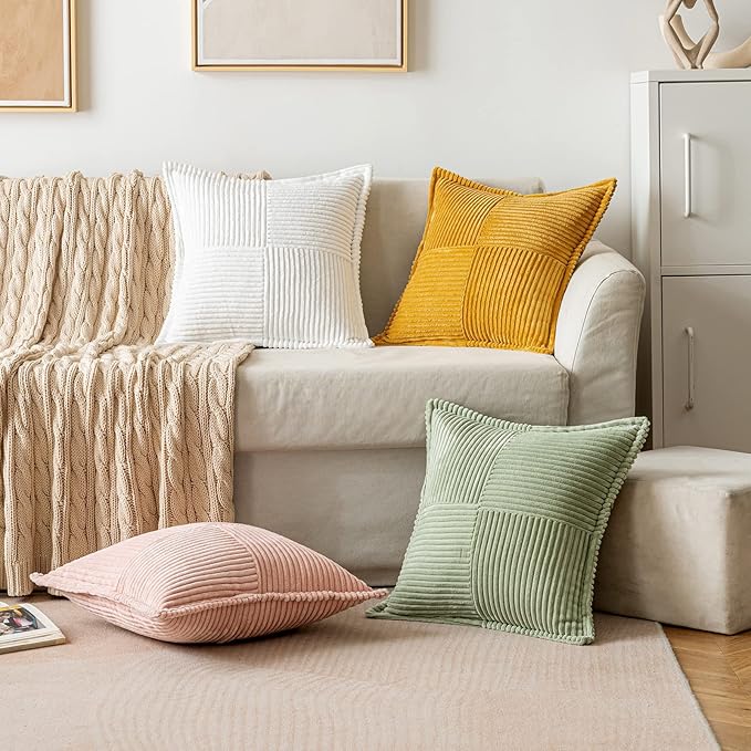MIULEE Decorative Throw Pillow Covers for Couch Bed Livingroom 20x20 Inch Set of 2 Sage Green Boho Accent Throw Pllows Broadside Striped Patchwork Soft Corduroy Pillowcases