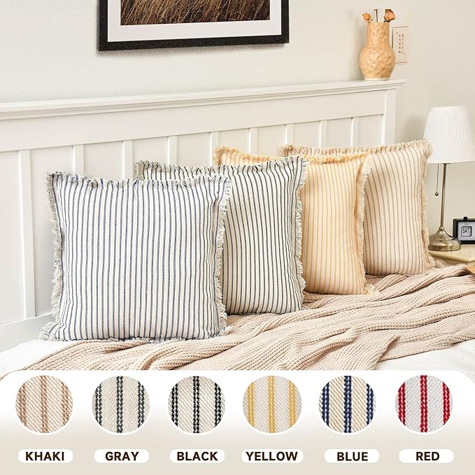 ZWJD Throw Pillow Covers 18x18 Set of 2 Striped Pillow Covers with Fringe Chic Cotton Decorative Pillows Square Cushion Covers for Sofa Couch Bed Living Room Farmhouse Decor