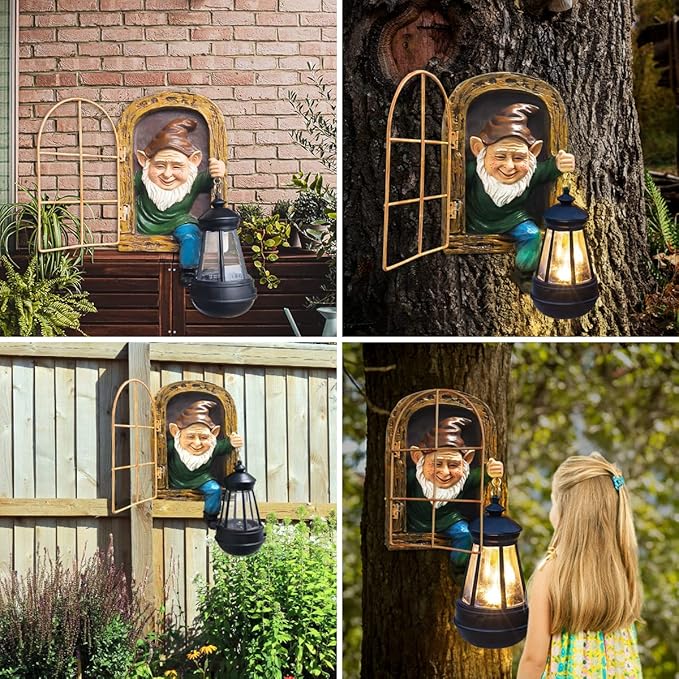 Whimsical Fairy Garden Gnomes with Solar Lights-10 Elf Out The Door Tree Hugger Garden Statues-Outdoor&Yard Decor-Tree Face Sculpture,Ideal Gnomes Yard Art for Patio,Wall，Yard