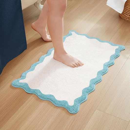 MONDAY MOOSE Bath Mat with Scalloped Wavy Ripple Design, Microfiber Absorbent Non Slip Tufted Rug for Floor, Shower or Kitchen (20x32 inch, Sky Blue)