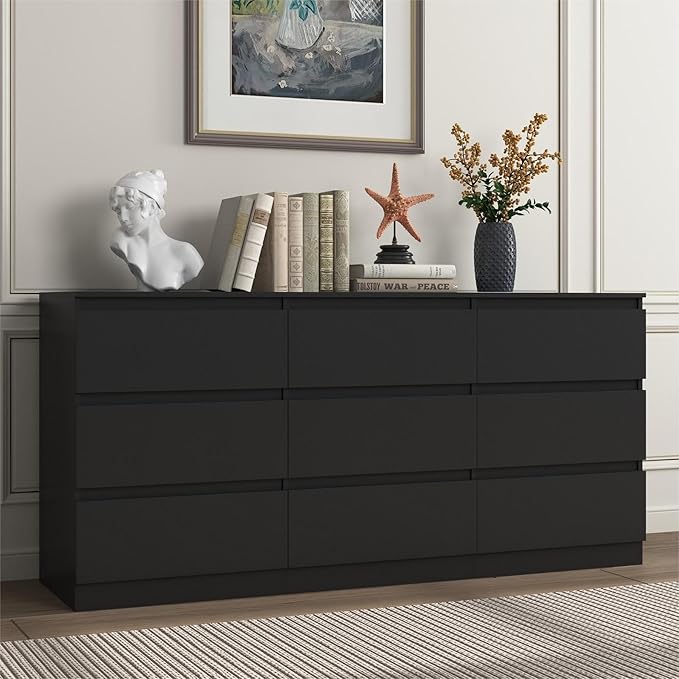Black Dresser for Bedroom, Modern Long 9 Drawer Dresser with Deep Drawer, Wide Wood Storage Chest of Drawer for Living Room