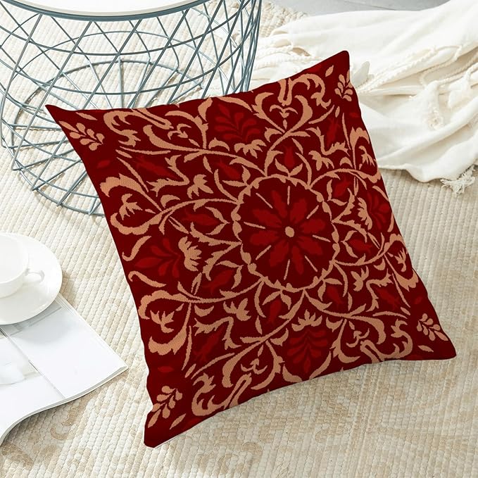 Boho Pillow Covers 18x18 Set of 2, Christmas Burgundy Red Bohemian Floral Decorative Throw Pillows Linen Blue Print Farmhouse Cushion Pillow Covers for Sofa Couch Outdoor