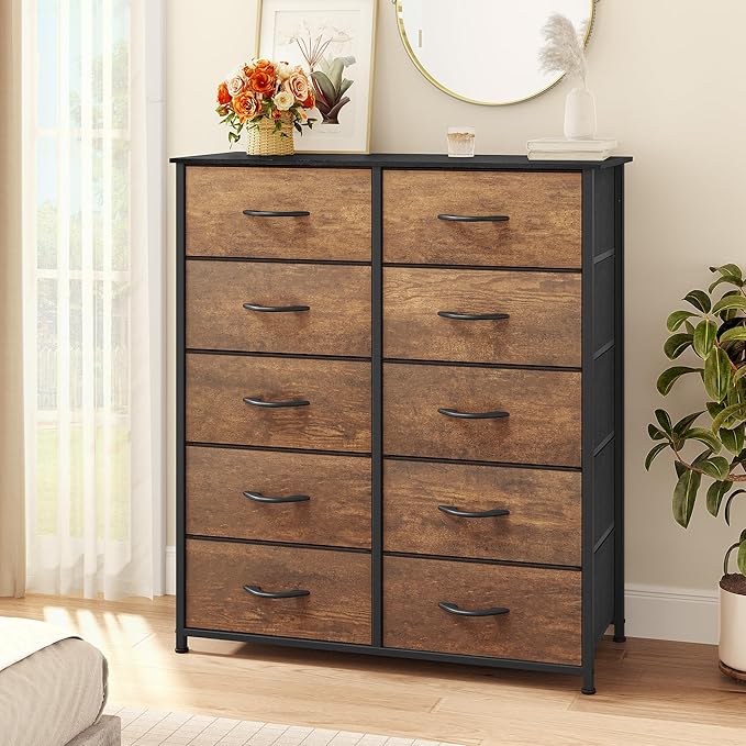 YITAHOME 10-Drawer Fabric Dresser, Furniture Storage Tower Cabinet, Organizer for Bedroom, Living Room, Hallway, Closet, Sturdy Steel Frame, Wooden Top, Easy Pull Fabric Bins(Rustic Brown)