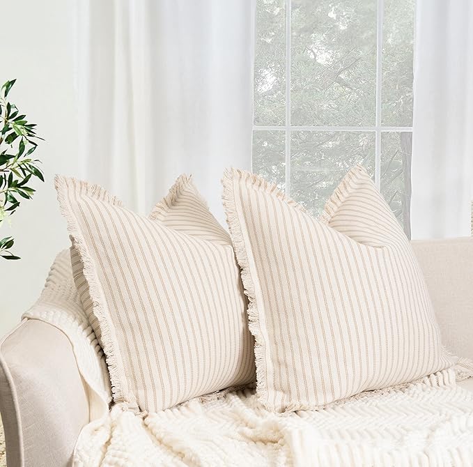 ZWJD Throw Pillow Covers 16x16 Set of 2 Striped Pillow Covers with Fringe Chic Cotton Decorative Pillows Square Cushion Covers for Sofa Couch Bed Living Room Farmhouse Decor