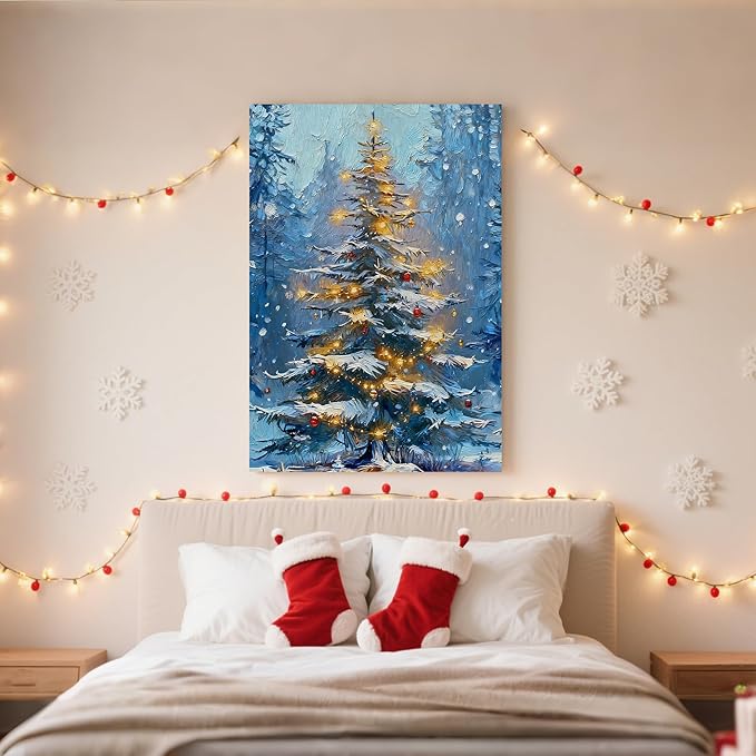 Framed Christmas Pictures Wall Decor,Vintage Pine Tree Prints,Winter Christmas Canvas Wall Art Decoration for Bedroom Bathroom Living Room Rustic Xmas Holiday Gifts (Christmas Tree 1, 12'' X 16'')
