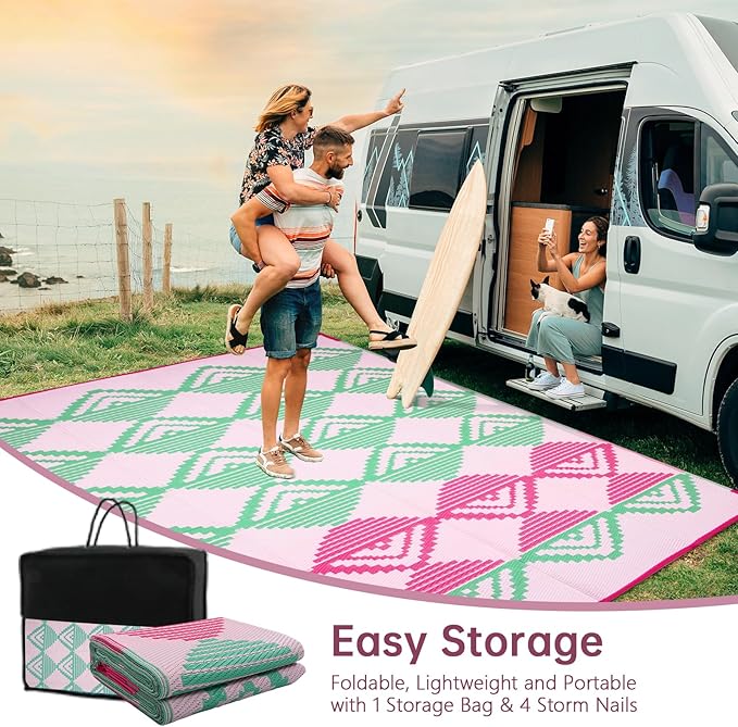 Beeiva Waterproof Outdoor Rug 8x10, Reversible Plastic Straw Patio Mat, Modern Geometric Large Outdoor Camping Rugs for Porch, Deck, Backyard, Balcony, Picnic - Pink & Green